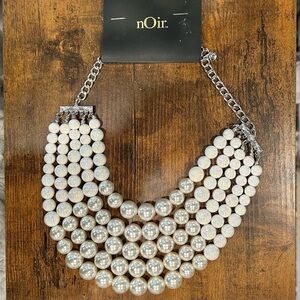 NWT nOir Jewelry Large Pearl Bead Layered Necklace Silver Chain 5 Strand Ivory